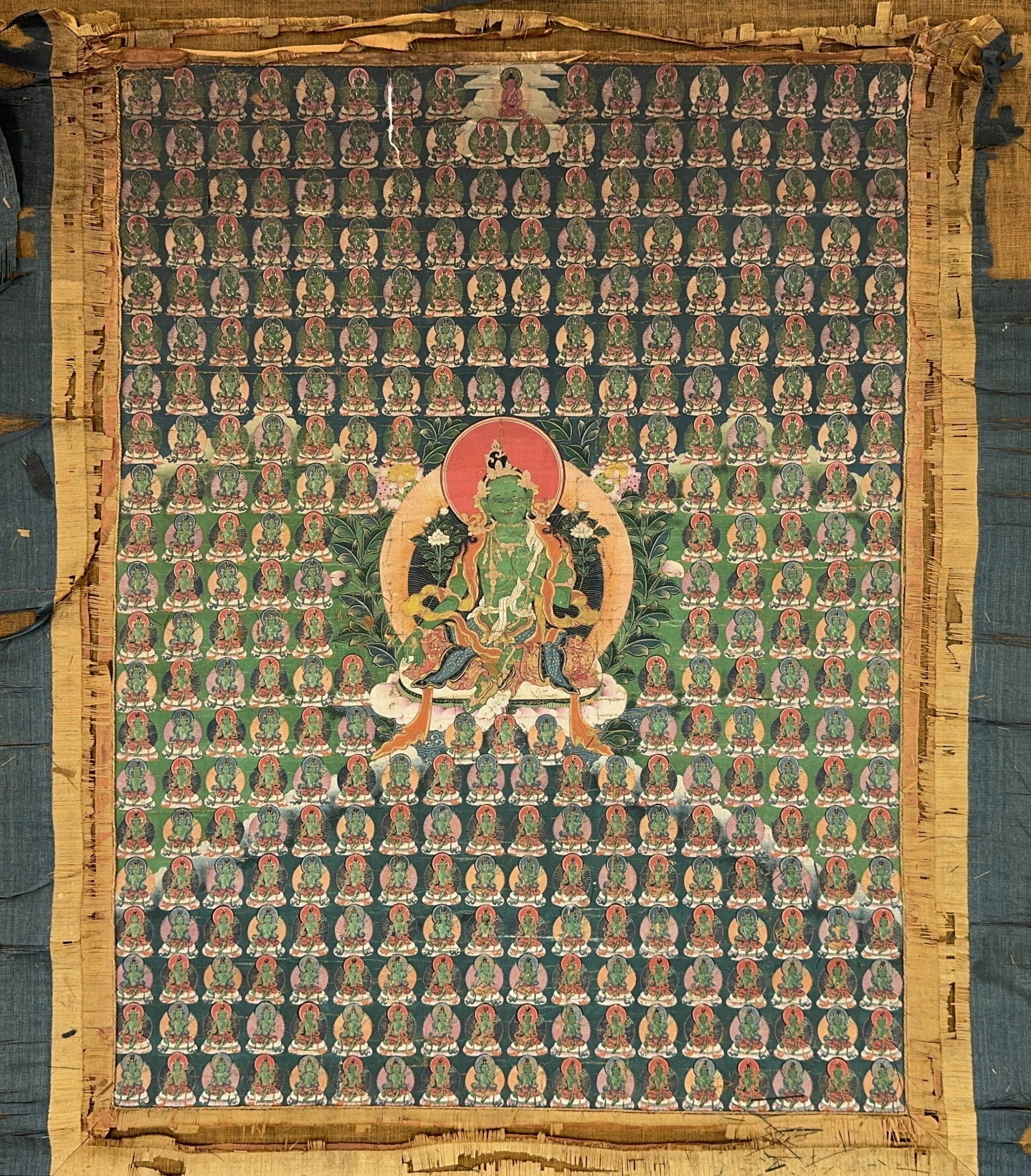 37524	西蔵十八世紀 緑度母唐卡 軸	61×46㎝