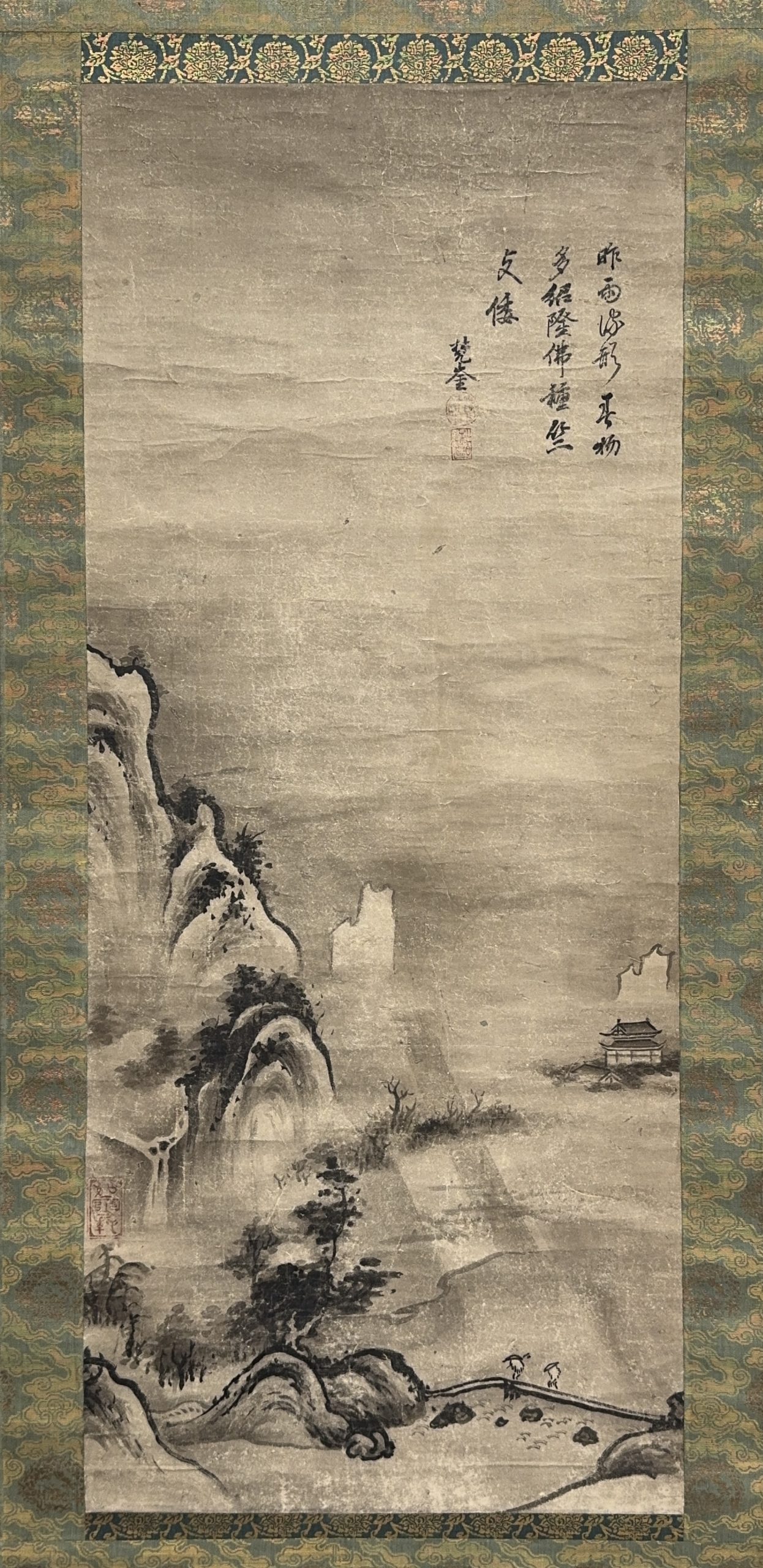 37548	「竺仙梵僊」画「如雪」賛 古画 山水図 軸	97×40㎝