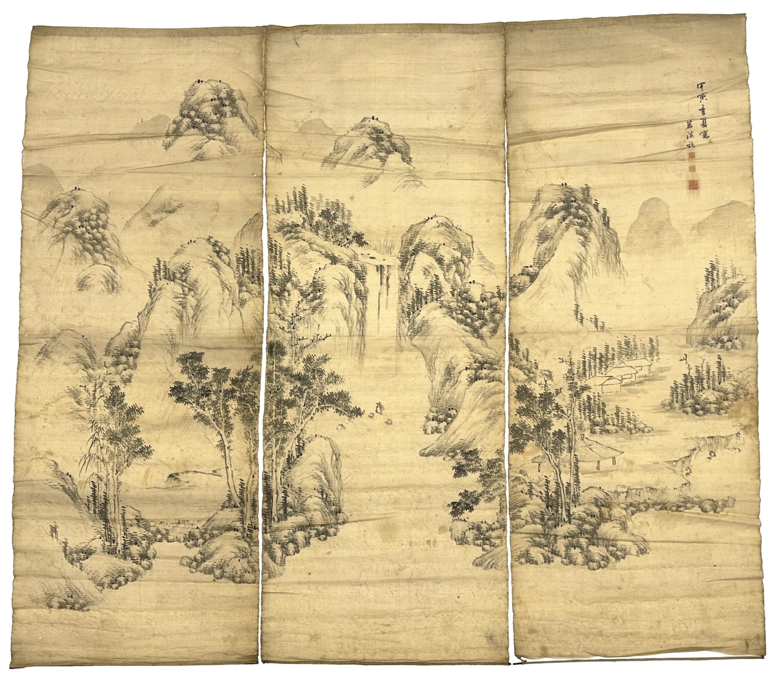 37568	「茗渓」画 山水図 掛屏三連	158×60㎝