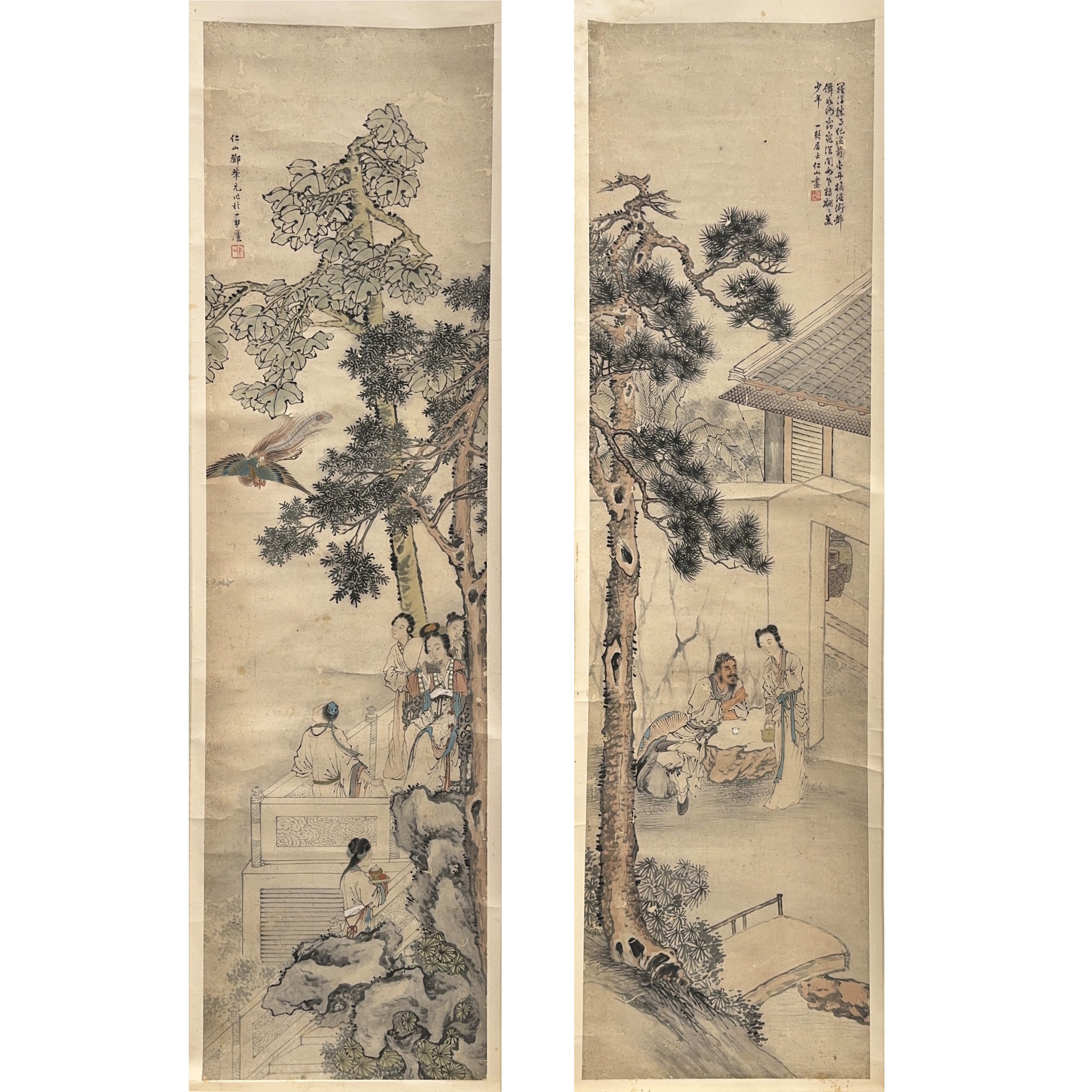 37587	「仁山」画 人物図 軸 一対	185×50㎝