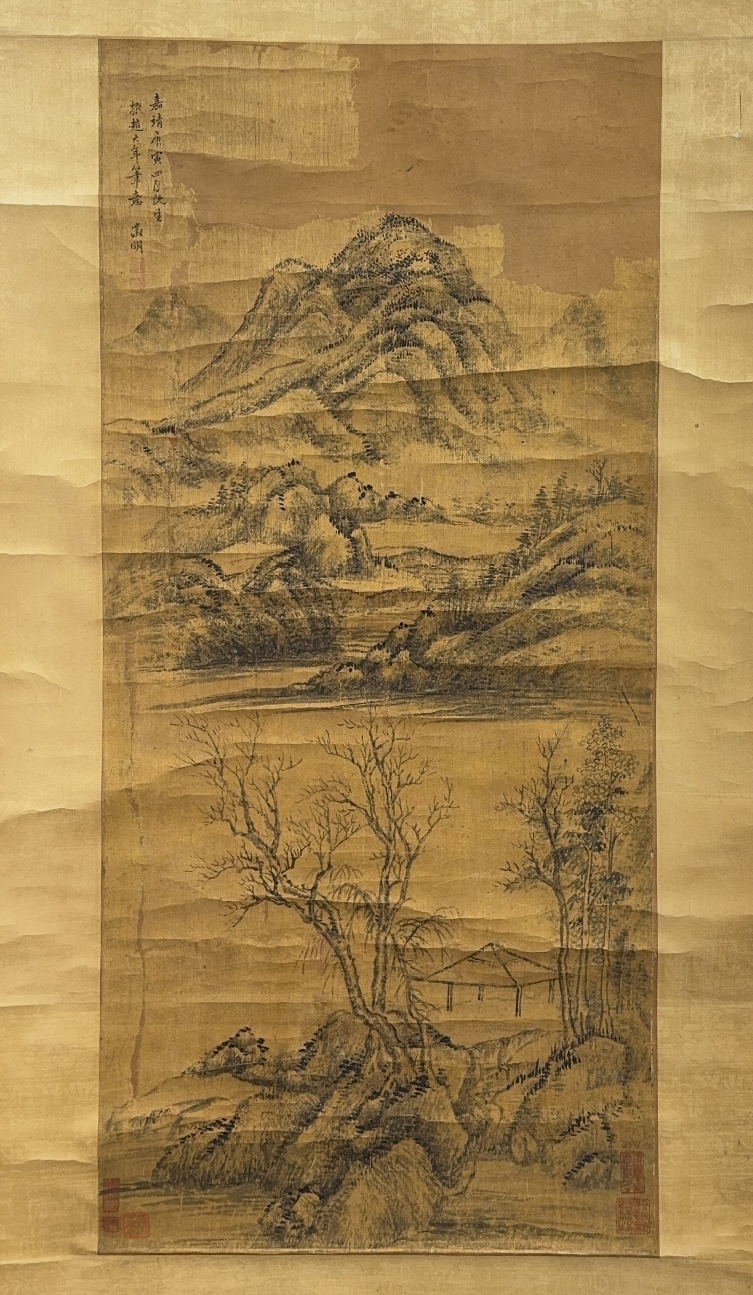 37588	「徴明」款 古画 山水図 軸	103×48㎝