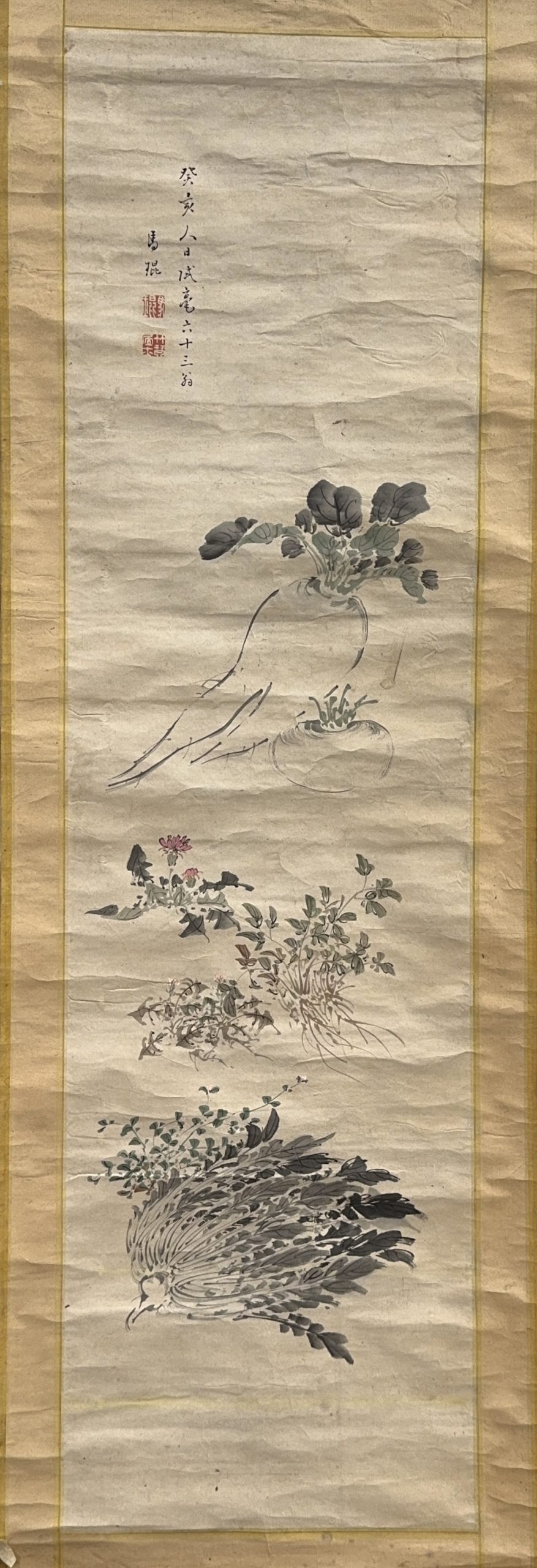 37589	「馬琨」画 菜図 軸	104×29.5㎝