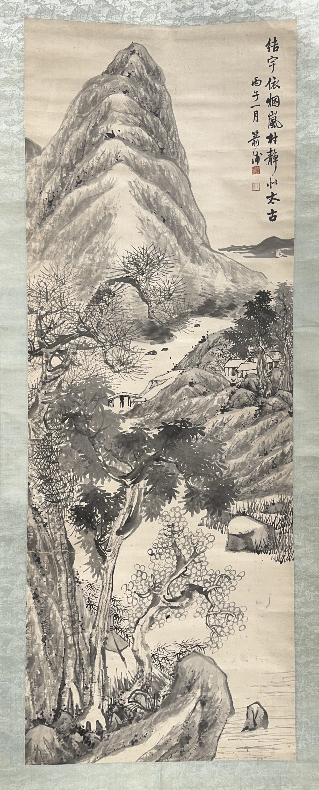 37634	「胡公寿」画 山水図 軸	175×64㎝