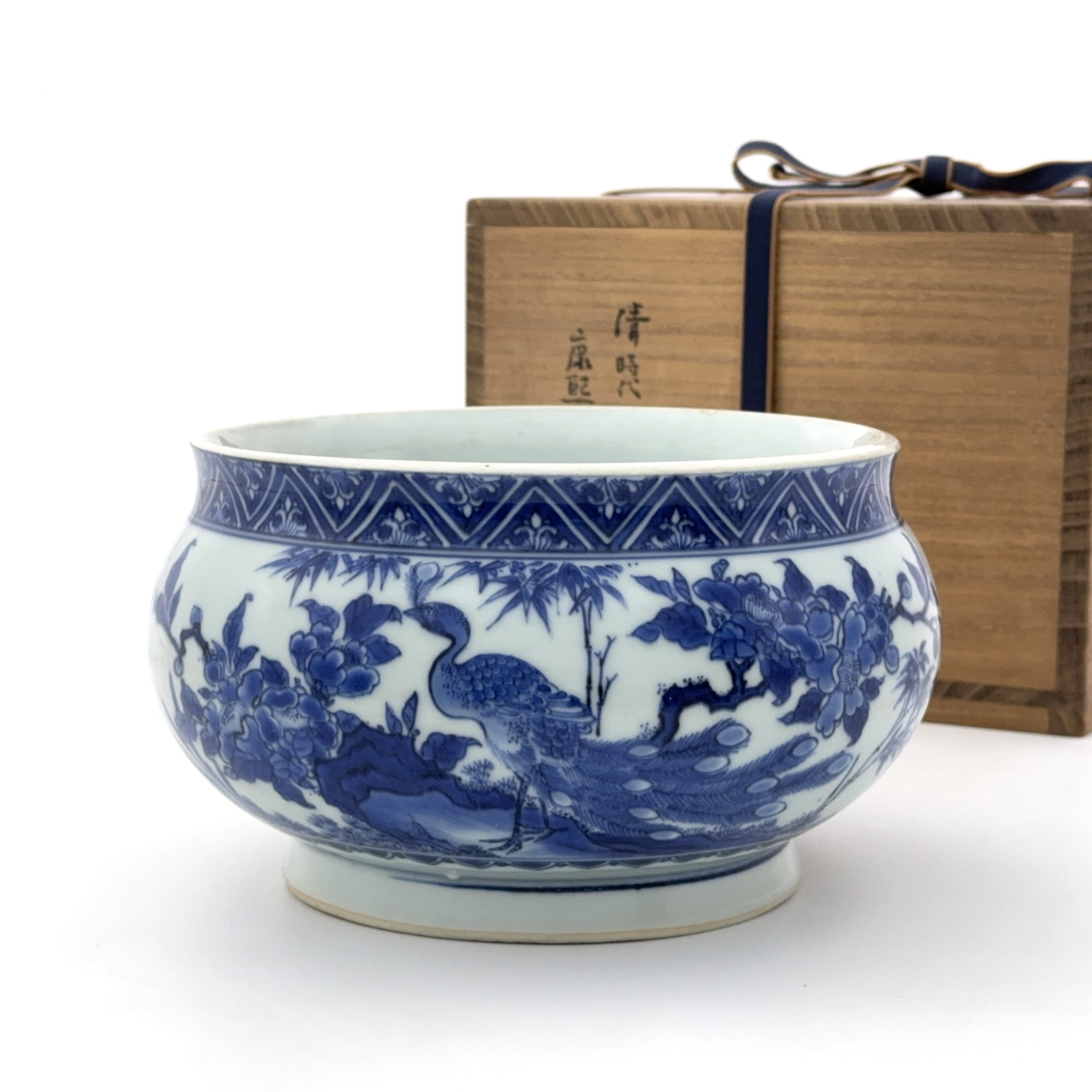 37008	清初 青花 孔雀図 缸