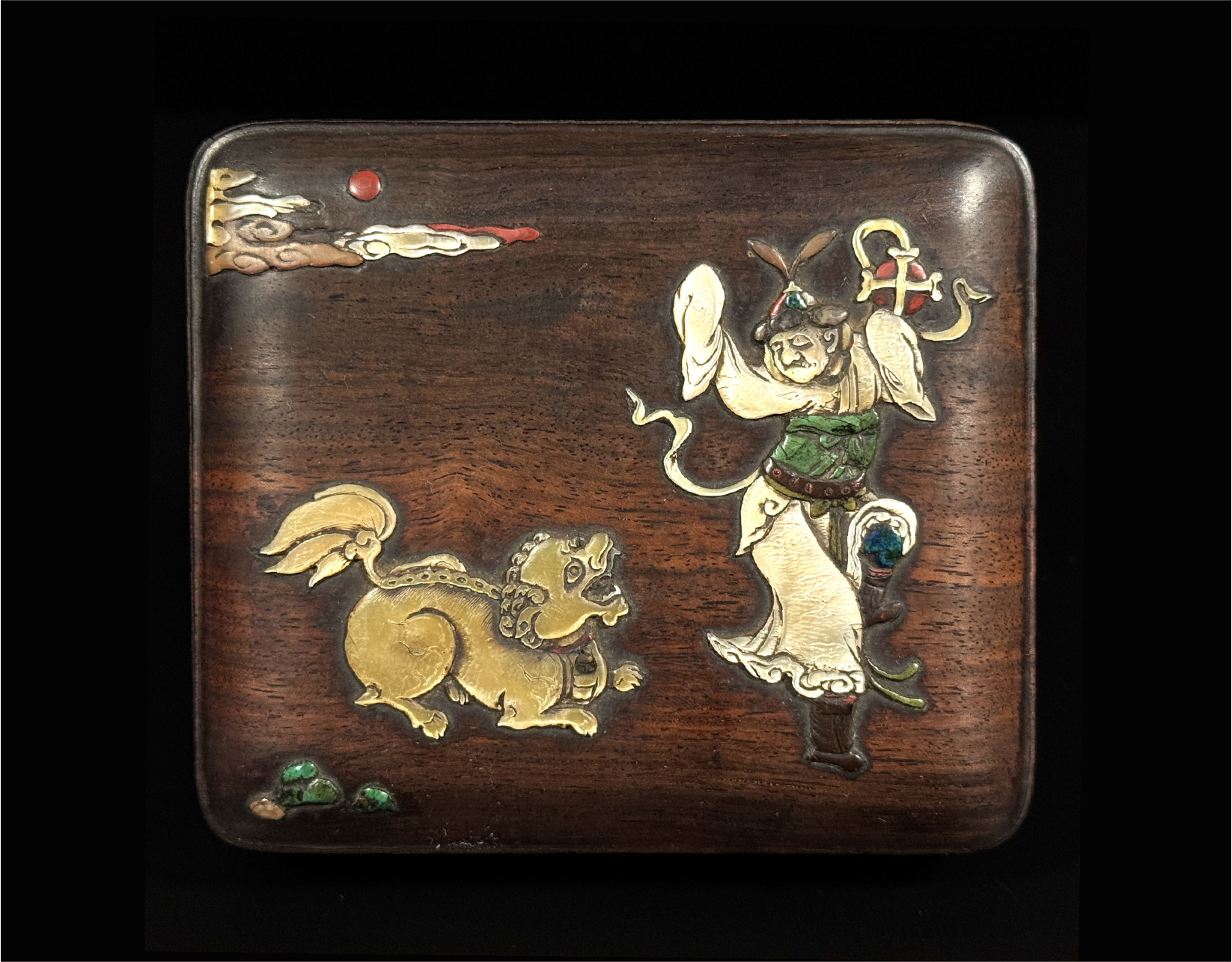 明晩期 紅木嵌百寶 人物獅子紋 蓋盒